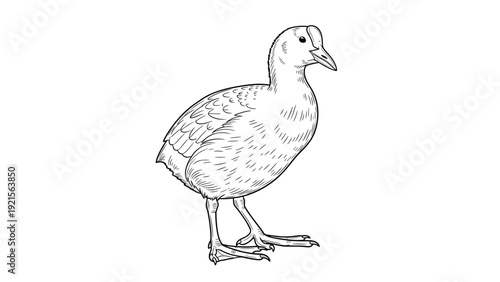 Black coot bird walking on land depicted in a detailed black and white etching style illustration for nature and wildlife books.