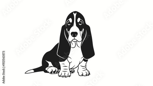 Frontal illustration of a sad-looking black and white basset hound dog sitting on a white background with long floppy ears.