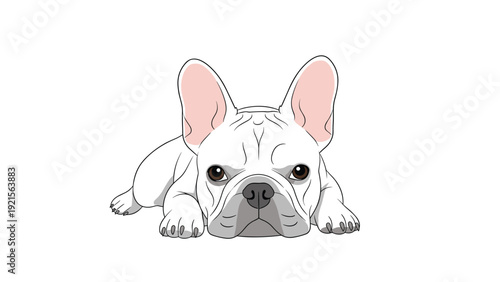White French Bulldog lying down flat on its belly looking forward in a cute colorful cartoon style vector character illustration.