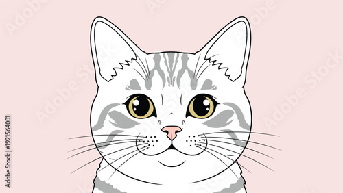 Close up head portrait of a grey tabby cat with big eyes looking forward in a clean colorful vector character illustration.