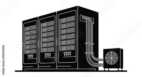 Black and white illustration of a large server rack with cooling systems