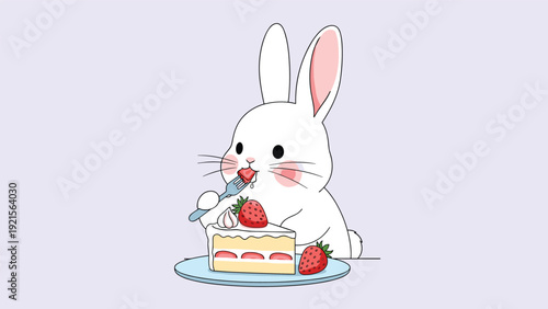 Adorable white rabbit sitting at a table eating a delicious strawberry sponge cake with a fork on a light purple background.