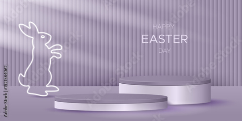 Easter background with podiums and a neon bunny