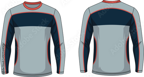Long sleeve sports shirt mockup, front and back view, grey navy red panel design, athletic apparel cad drawing flat vector illustration