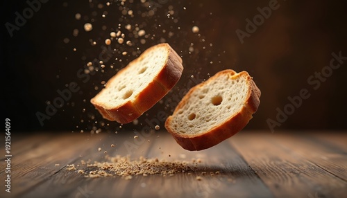 Two bread slices float mid-air above rustic wood table. Crumbs scatter around, dark background emphasizes delicate texture. Studio lighting creates dramatic mood.