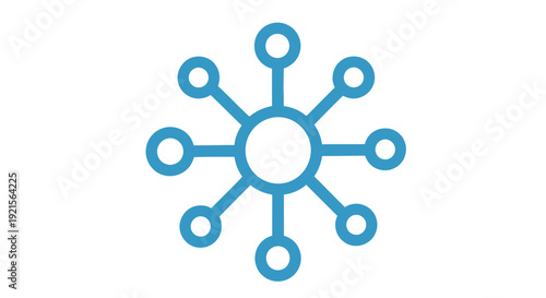 Blue network icon with a central node and radiating connections on white background