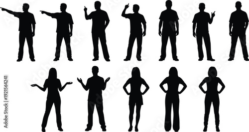 Human silhouette illustration set showing men and women standing in different gestures and poses, black vector people icons for communication and social concept design