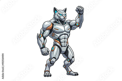 Robotic Muscular Cat Warrior Posing on White Background - Generative AI