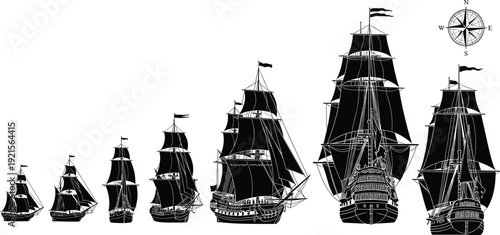 Historic sailing ships silhouette illustration showing classic tall ships in perspective sizes with compass rose, black vector nautical design for maritime history themes