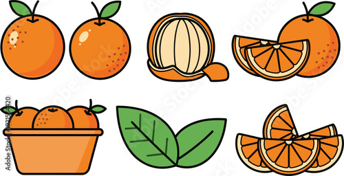 Fresh oranges and citrus fruit set, flat vector illustrations with whole oranges, peeled segments, citrus slices in a bowl and green leaves isolated on white background.