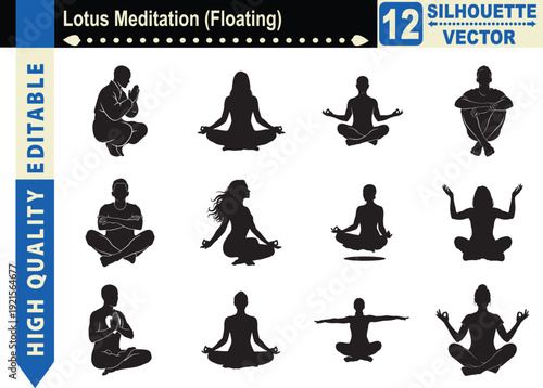 Silhouette set of 12 people floating in lotus meditation pose, symbolizing inner peace, mindfulness, spiritual enlightenment, and zen wellness.