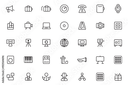 Electronic gadget and business equipment outline set with camera laptop globe and corporate person icons