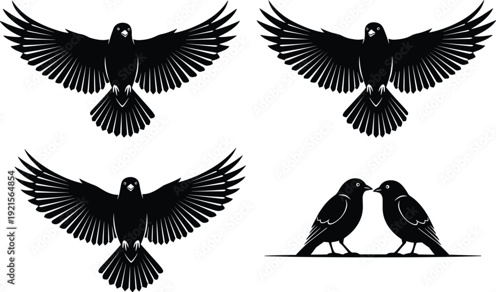 Naklejka premium Set of crow silhouette icons with flying black birds spread wings and raven couple perching cad drawing flat vector illustration medical icon