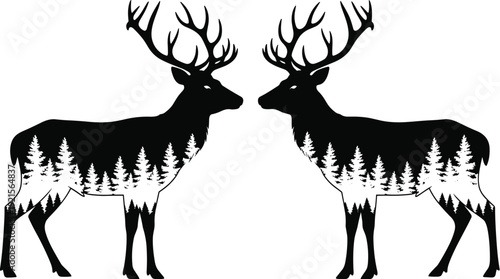 Two deer buck silhouettes with antlers and pine forest double exposure effect facing each other cad drawing flat vector illustration nature icon