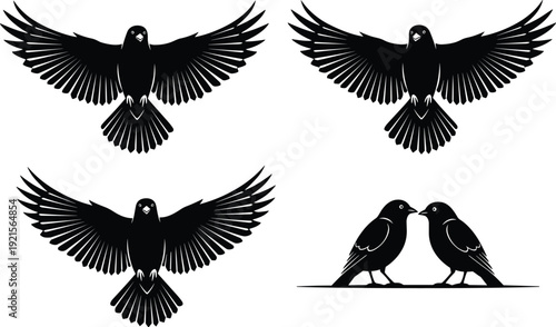 Set of crow silhouette icons with flying black birds spread wings and raven couple perching cad drawing flat vector illustration medical icon