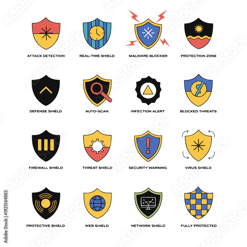 A collection of 16 shield logos in various colors and designs