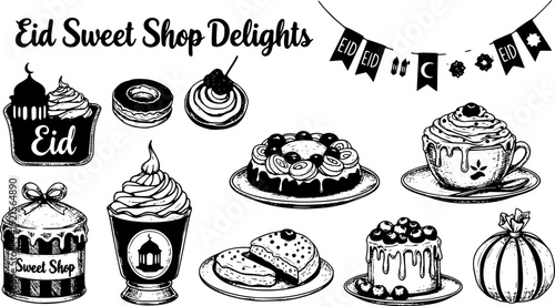 Sketch Eid Sweet Shop Delights: A collection of delightful treats and decorations, perfectly embodying the joy of Eid celebrations, a visual feast of culinary charm.