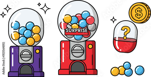 Gashapon and toy capsule vending machine set, flat vector illustrations with red and purple gumball machines, surprise toy capsules, gold coin and colorful balls isolated on white background.
