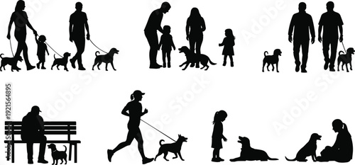 People walking dogs and playing with pets in park silhouette collection on white background, cad drawing flat vector illustration, family life iconsvt