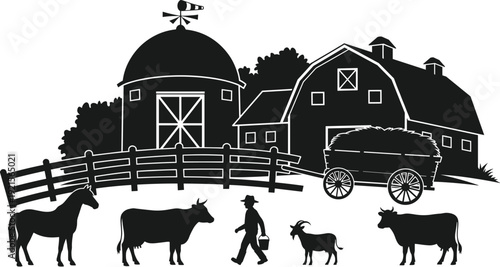 Farm scene silhouette with barn stable farmhouse silo and farmer walking with livestock animals including horse cows goat cad drawing flat vector illustration