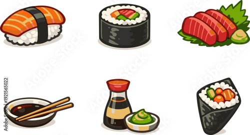 Sushi and sashimi icon set. Vector