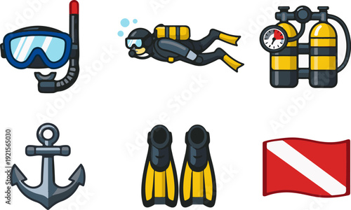 Scuba diving equipment icons. Vector