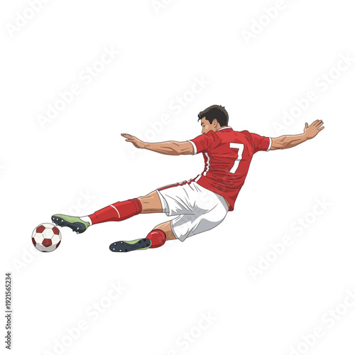 Energetic soccer player performing a dynamic sliding tackle on the ground with full commitment and focus