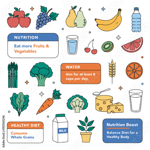 A colorful illustration of various fruits and vegetables with text boxes