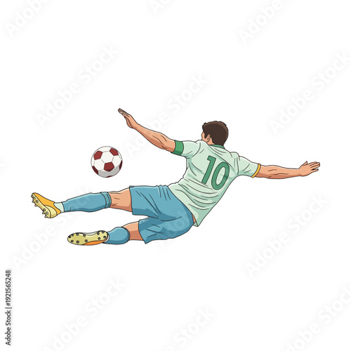 Energetic soccer player performing a dynamic sliding tackle on the ground with full commitment and focus
