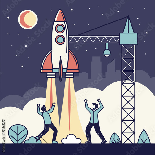 A rocket ship is being launched into the night sky