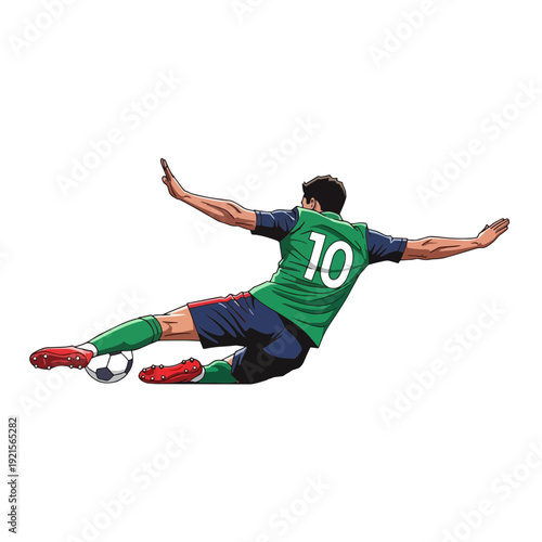 Energetic soccer player performing a dynamic sliding tackle on the ground with full commitment and focus