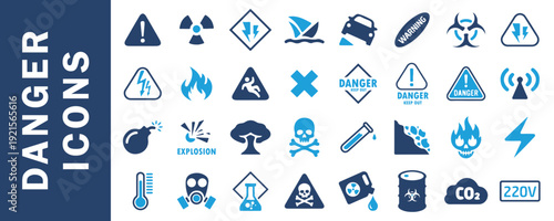 Set of flat design danger warning hazard icons for safety signs, risk alerts, emergency symbols, and infographic use