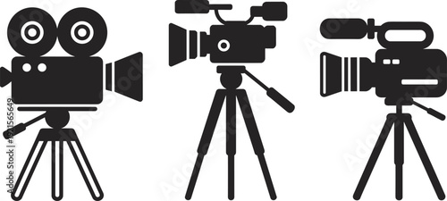 Video camera silhouettes on tripods, vintage film camera, modern professional video recorder, compact digital camcorder, evolution of recording technology vector illustration design