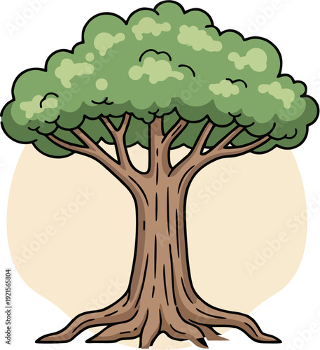 A charming and simplistic cartoon illustration depicting a vibrant green deciduous tree with a sturdy brown trunk and a dense, round canopy, set against a light, neutral background