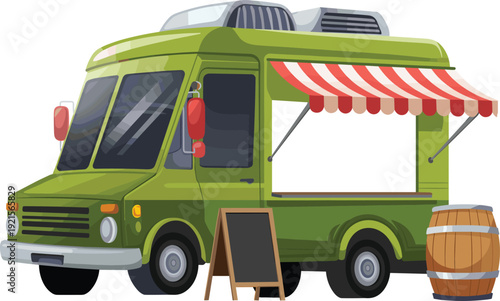 Cartoon food truck illustration, green mobile kitchen vehicle, striped awning serving window, urban street food concept, chalkboard menu sign, beverage service vector art