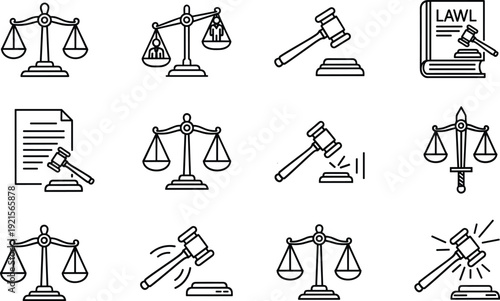 Law and justice icon set illustration with scales gavel legal documents and law book isolated on white background minimal outline vector design