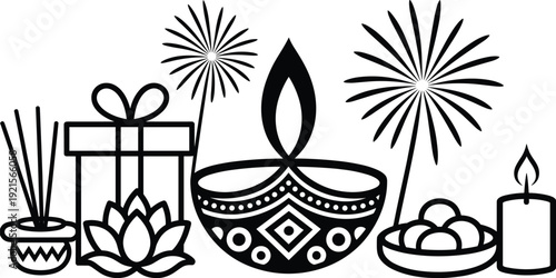 Diwali festival illustration with diya lamp, sweets, incense pot, lotus flowers, firecrackers, candle, gift box, Hindu celebration vector art design