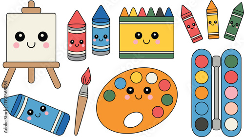 Cute cartoon art supplies vector illustration, smiling crayons, paintbrush, palette, watercolor set, easel with canvas, creative kids drawing tools, colorful design