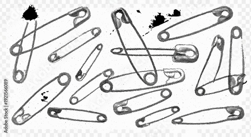 safety pins scattered, black and white illustration