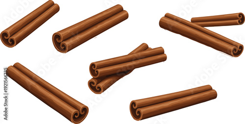 Cinnamon Sticks Vector Set with Realistic Brown Spice Rolls, Aromatic Cooking Ingredient Illustration Collection Isolated for Baking, Dessert and Seasonal Design
