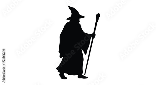 Silhouette of a wizard with a long beard and staff facing right