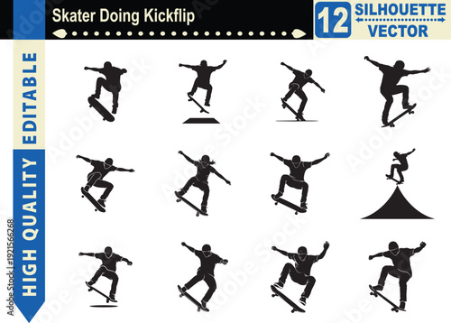 Skater doing kickflip silhouette. Vector black figure of skateboarder jumping in active street trick.[1] Isolated extreme sport design.