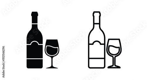 Black and white illustration of wine bottles and accompanying glasses