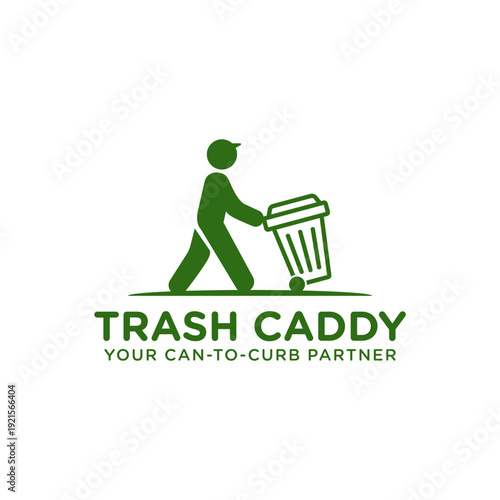 Green Trash Caddy Logo with Person Pushing a Wheeled Bin.
