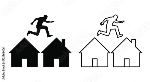 Two figures running and jumping over rooftops of houses black and white