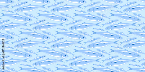 Sardines seamless pattern. Coastal, minimalist style print design swimming fishes on pastel blue background
