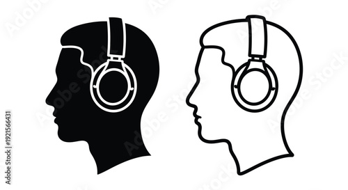 Two profile views of a head wearing headphones black and white