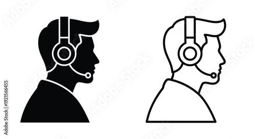 Two black and white icons depicting men wearing headsets with microphones