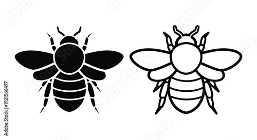 Two bee illustrations one solid black one white outline style