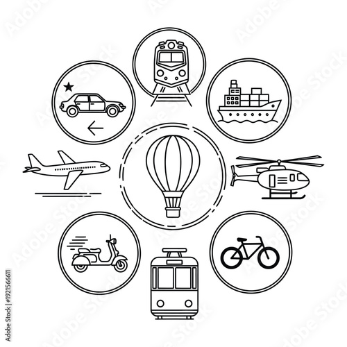 Transportation modes: An illustrated array of diverse transportation options, symbolizing connectivity, journey, and global mobility. 
